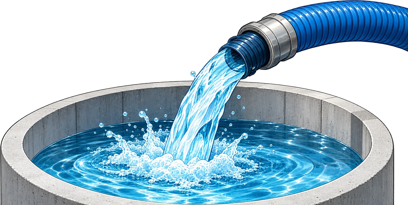 Ilustración de agua potable descargándose con manguera en una cisterna